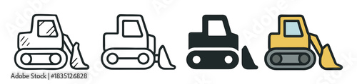 Bulldozer construction machinery icon collection featuring four distinct graphic styles including detailed outline, simple line, solid black silhouette, and a yellow colored version