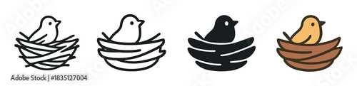 Bird in a nest icon set with four distinct variations, featuring a simple line drawing, a bold silhouette, a detailed outline, and a cute cartoon color illustration
