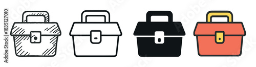 Four toolbox vector icons presented in a collection of various graphic styles, from a simple hand-drawn sketch and line art to a solid glyph and a modern flat color version