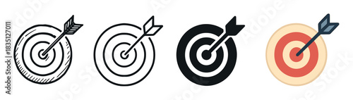 Set of four target icons with an arrow hitting the bullseye, showcasing different design styles including doodle, line art, solid glyph, and modern flat color for business concepts