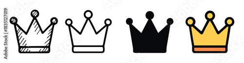 Set of four crown icons in different graphic styles including hand-drawn sketch, simple outline, solid black silhouette, and yellow color fill for royalty and power concepts