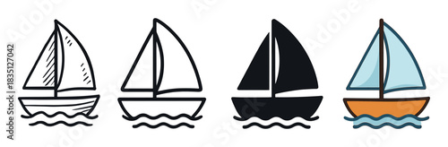 Set of four sailboat icons showing different artistic styles including a hand-drawn doodle, a simple outline, a solid black silhouette, and a full-color cartoon illustration