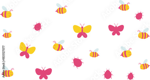 A whimsical collection of cute cartoon bees and colorful butterflies scattered across a clean white background perfect for children s designs