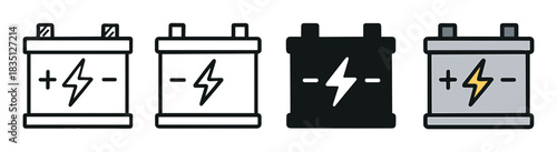 Set of four car battery icons in different styles including outline, solid silhouette, and colored versions, illustrating electrical power and automotive energy