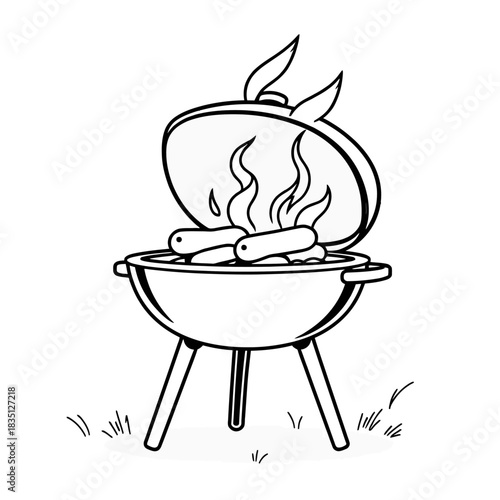 Barbecue grill with sausages and fire outline illustration for summer cookout and grilling season fun icon