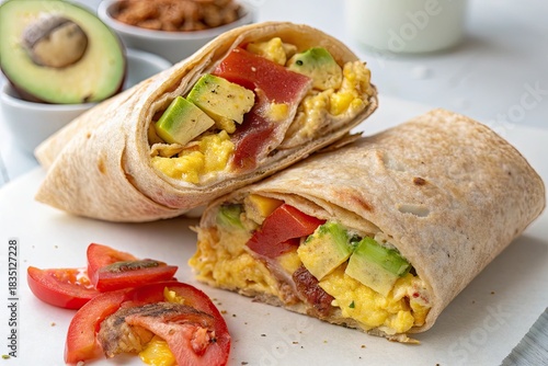 Delicious Breakfast Wrap Featuring Scrambled Eggs, Avocado, and Tomato, Cut in Half