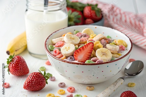 Fruity Breakfast Bowl with Cereal, Milk, Strawberries, and Banana Slices