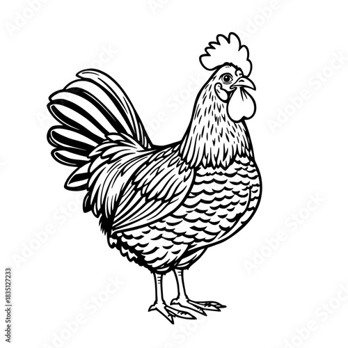 Rooster illustration vector drawing of a chicken farm animal poultry bird black and white line art design