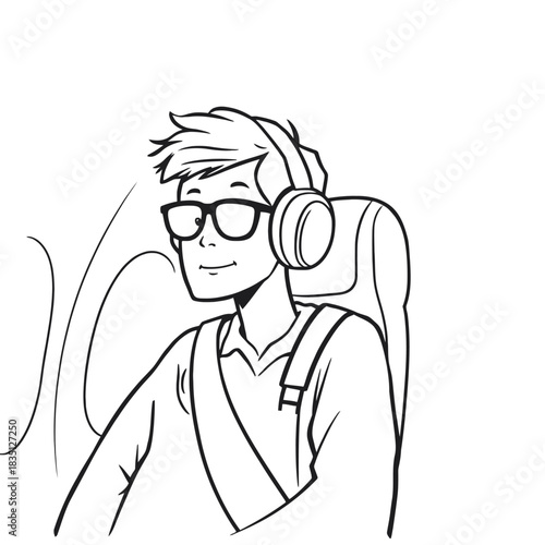 Man on airplane with headphones and glasses illustration travel vector graphic design 100 character