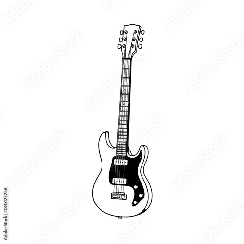 Illustration of electric guitar musical instrument stringed guitar black and white drawing outline art