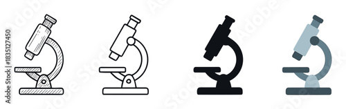Collection of four microscope icons in different styles, including hand-drawn sketch, simple line art, solid black silhouette, and a modern flat color design