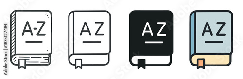 Set of four dictionary book icons with A-Z on the cover, featuring various styles like hand-drawn doodle, simple outline, solid glyph, and a colorful filled version