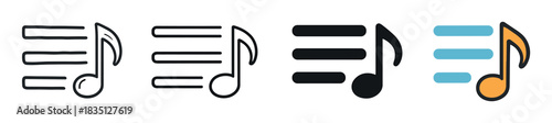 Set of four playlist icons showing a musical note with a list, presented in various graphic styles including outline, solid glyph, and colorful flat design for user interfaces