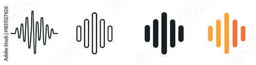 Set of four sound wave icons showing various graphic styles from a detailed audio waveform to a simple equalizer bar graph for voice recognition or music player interfaces