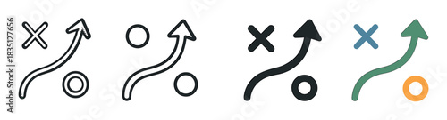 Set of four strategy plan icons showing a tactical route from start to finish, presented in various styles including outline, solid, and color for business or sports concepts