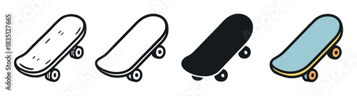 Set of four skateboard icons showing different artistic styles including doodle, line art, silhouette, and a simple colored version for graphic design and youth culture concepts