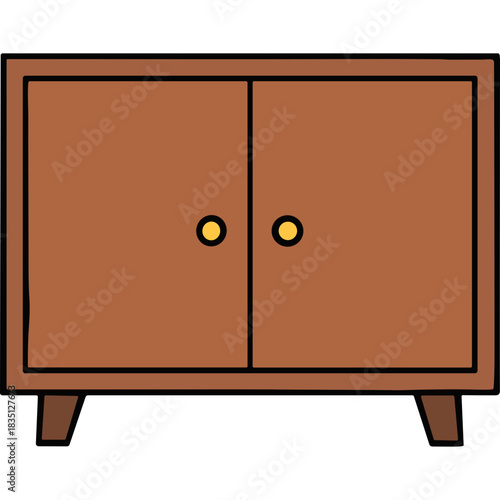 Simple Wooden Cabinet With Two Doors And Two Golden Knobs On Four Angled Legs Against A Black Background Flat Illustration