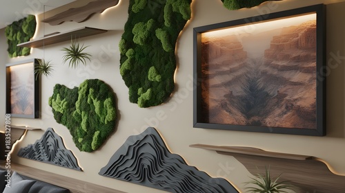 Interior wall decor with moss art and mountain art creating a natural and modern aesthetic perfect for eco-friendly design