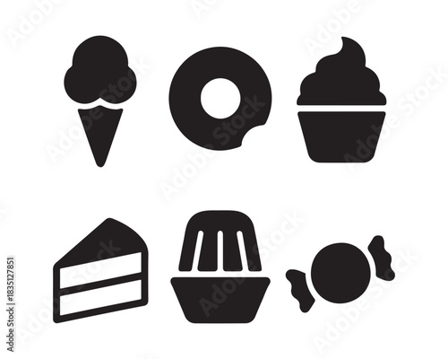 ice cream cone, bar,  a round donut with hole, a fluffy cupcake with frosting, a lollipop, a chocolate bar, and a candy wrapper, donut with subtle bite shape, cupcake with top icing, macaron pair, can