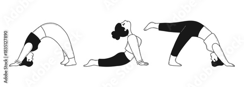 Woman Doing Yoga. Hand-drawn Doodle Set. Fitness and Stretching Back, Pulls Head Up and Down. Isolated Female Character Pilates Sport. Vector illustration. Not AI