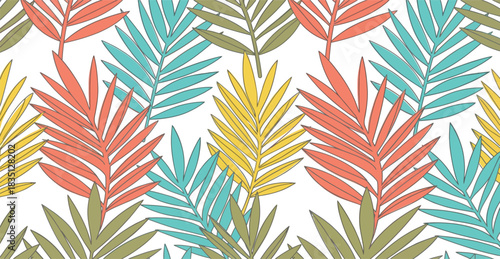 Vibrant tropical palm frond pattern with a repeating design in coral yellow and teal blue on a white background