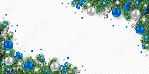 Vector pine tree frame with silver and blue Christmas balls, confetti, ribbons and lights isolated on a transparent background. Holiday Christmas tree border for winter decor.