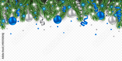 Vector pine tree frame with silver and blue Christmas balls, confetti, ribbons and lights isolated on a transparent background. Holiday Christmas tree border for winter decor.