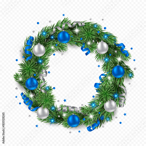 Vector pine tree wreath with silver and blue Christmas balls, confetti, ribbons and lights isolated on a transparent background. Holiday Christmas tree border for winter decor.