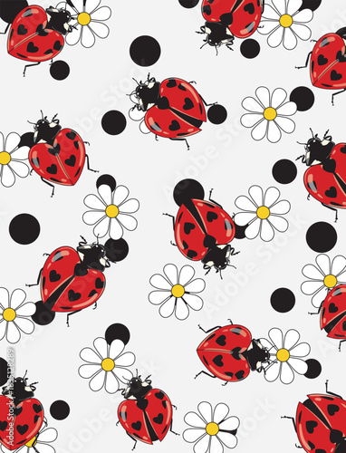 Ladybug and flowers Seamless Pattern vector illustration.