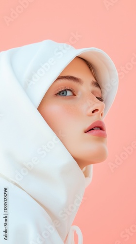 Young caucasian female in white hoodie against peach background