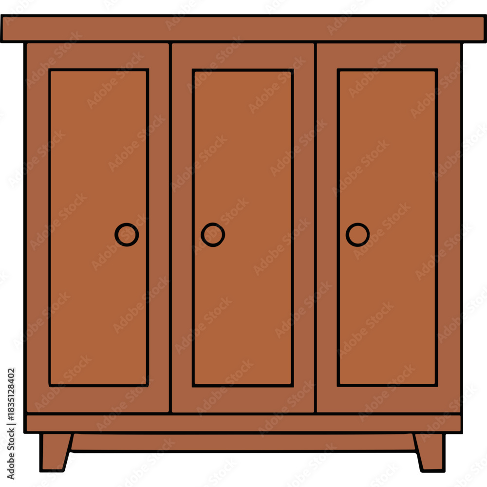 Fototapeta premium Simple Wooden Cabinet With Three Doors And Round Handles Against A Solid Black Background