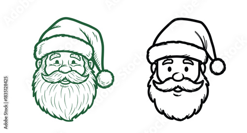 Two stylized santa claus faces one green outline one black outline