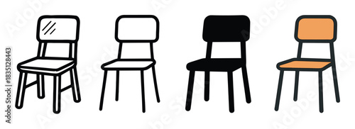Set of four simple chair icons in different graphic styles including line art, outline, silhouette, and color fill, representing furniture and seating design elements