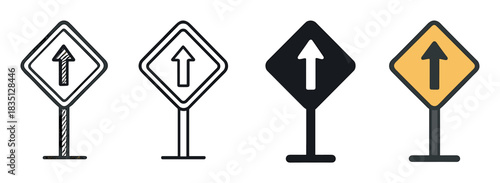 Collection of four straight ahead road signs in various design styles, including hand-drawn sketch, simple outline, solid silhouette, and a classic yellow flat color icon