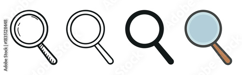 Set of four magnifying glass icons presented in various graphic styles, including doodle, outline, silhouette, and flat color cartoon for web and app design elements