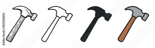 Four hammer tool icons in various styles including hand-drawn sketch, simple outline, solid silhouette, and a colored cartoon version for construction or repair concepts