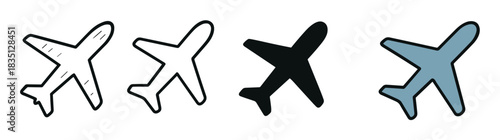 Set of four airplane icons in different graphic styles including simple line art, a bold outline, a solid black silhouette, and a color fill for travel and transportation concepts