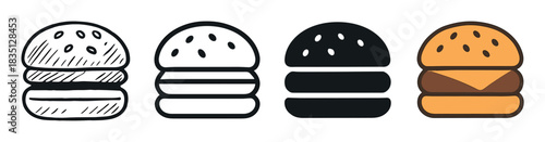 Set of four hamburger icons presented in different graphic design styles including a hand-drawn sketch, simple outline, solid black silhouette, and a flat color version