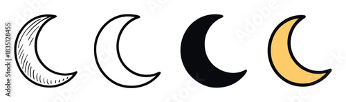 Set of four crescent moon icons showing different artistic styles including a hand-drawn sketch, simple outline, black silhouette, and yellow color fill for graphic design