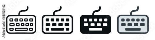 Set of four computer keyboard icons presented in various graphic styles, including line art, solid black silhouette, bold glyph, and a simple colored version