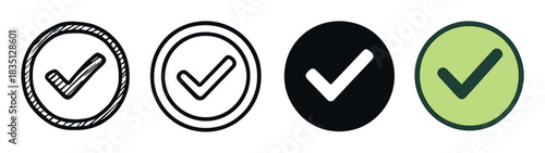 Set of four checkmark icons in different graphic styles including hand-drawn sketch, clean outline, solid fill, and flat color for user interface and web design elements
