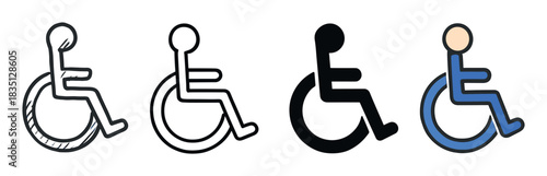 Set of four wheelchair accessibility icons in various graphic styles including hand-drawn sketch, outline, solid silhouette, and color fill for universal access concepts
