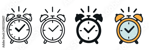 Set of four alarm clock icons with checkmarks symbolizing successful time management and meeting deadlines, presented in various graphic styles like outline, silhouette, and color