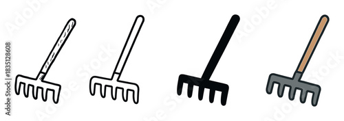 Four garden rake tool icons presented in a set showing different illustration styles including doodle, line art, black silhouette, and simple flat color design for various graphic uses