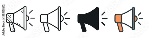 Megaphone icon set in four different styles including line art, glyph, and color for announcement and communication concepts, a simple vector illustration for graphic design