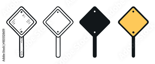 Set of four blank diamond-shaped road signs presented in various artistic styles, including doodle sketch, clean outline, solid black silhouette, and classic yellow