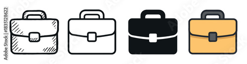 Set of four briefcase icons in different artistic styles including hand-drawn sketch, simple line art, solid silhouette, and flat color for business concepts