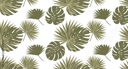 Seamless pattern of various tropical palm leaves and monstera leaves in a muted olive green color on a white background