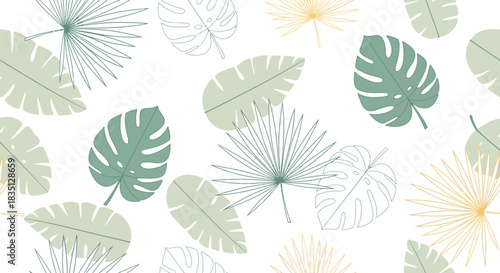 A seamless tropical pattern featuring a delicate watercolor illustration of various monstera and palm leaves in muted green and beige tones on a white background