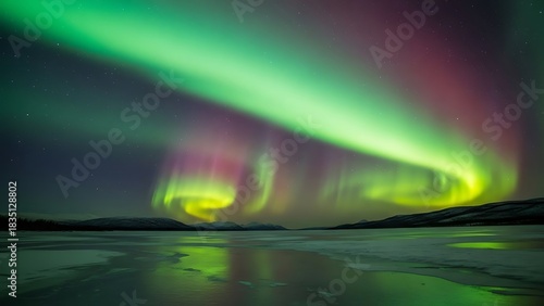 Wallpaper Mural Vibrant Green and Magenta Aurora Borealis Swirling Over a Frozen Lakes Icy Reflection. Torontodigital.ca